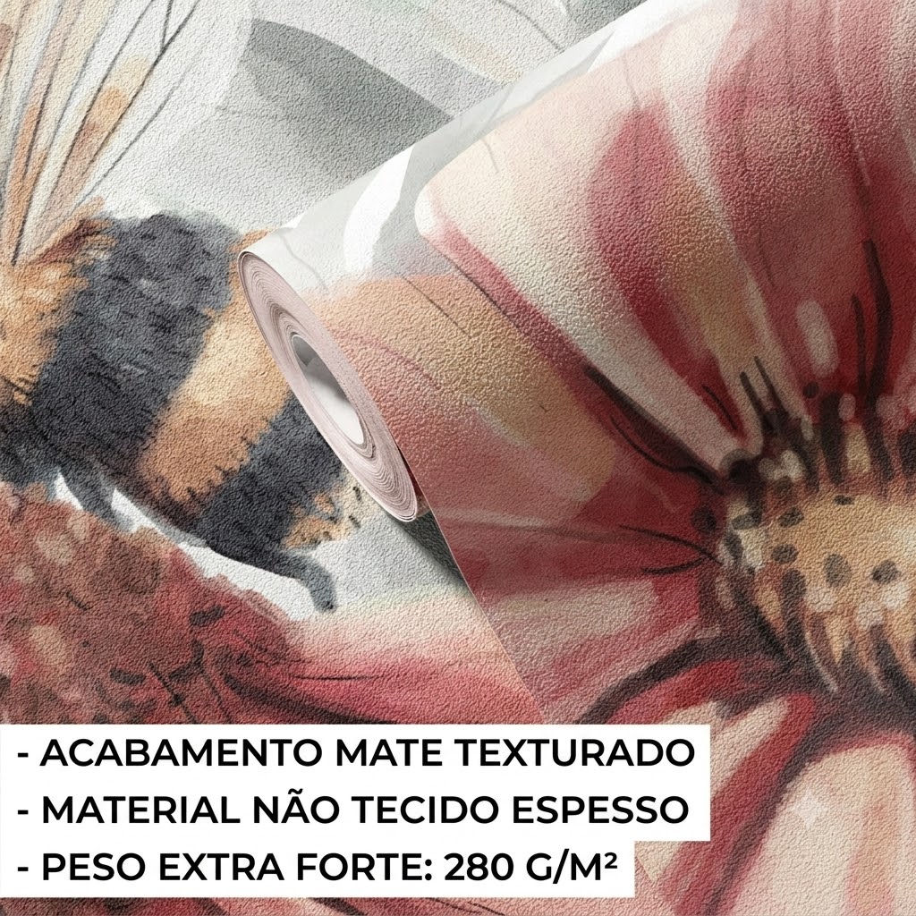 Papel de Parede Infantil Flores Silvestres Grandes Rolo de papel de parede com padrão floral em tons vermelhos e bege e texto informativo