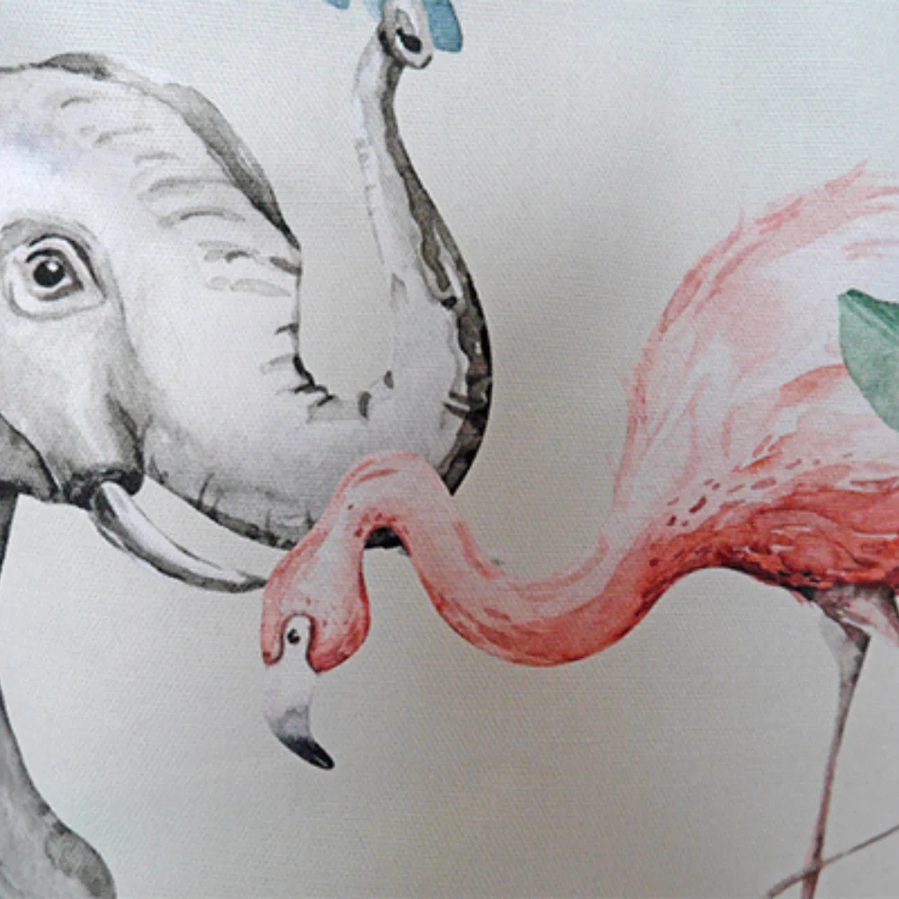 Tapete Redondo ECO Vida Animal Ilustração de elefante cinzento e flamingo rosa em aquarela