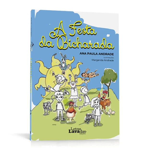 A Festa da Bicharada Capa do livro 'A Festa da Bicharada' com ilustração de crianças e animais num cenário colorido.