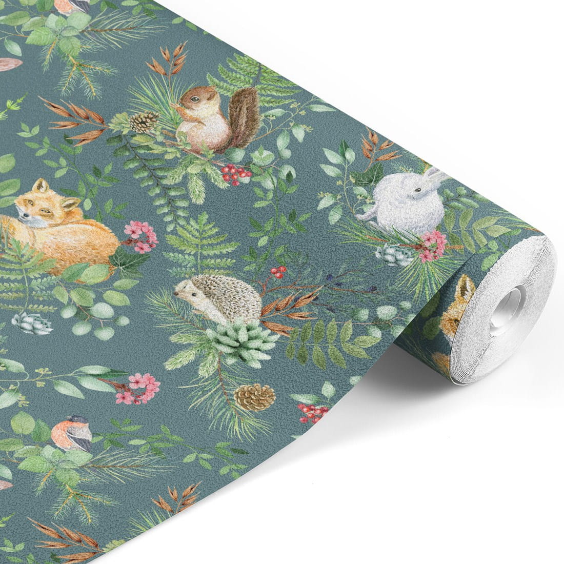 Papel de Parede Floresta VERDE Rolo de papel de parede com padrão de animais e plantas em verde azulado
