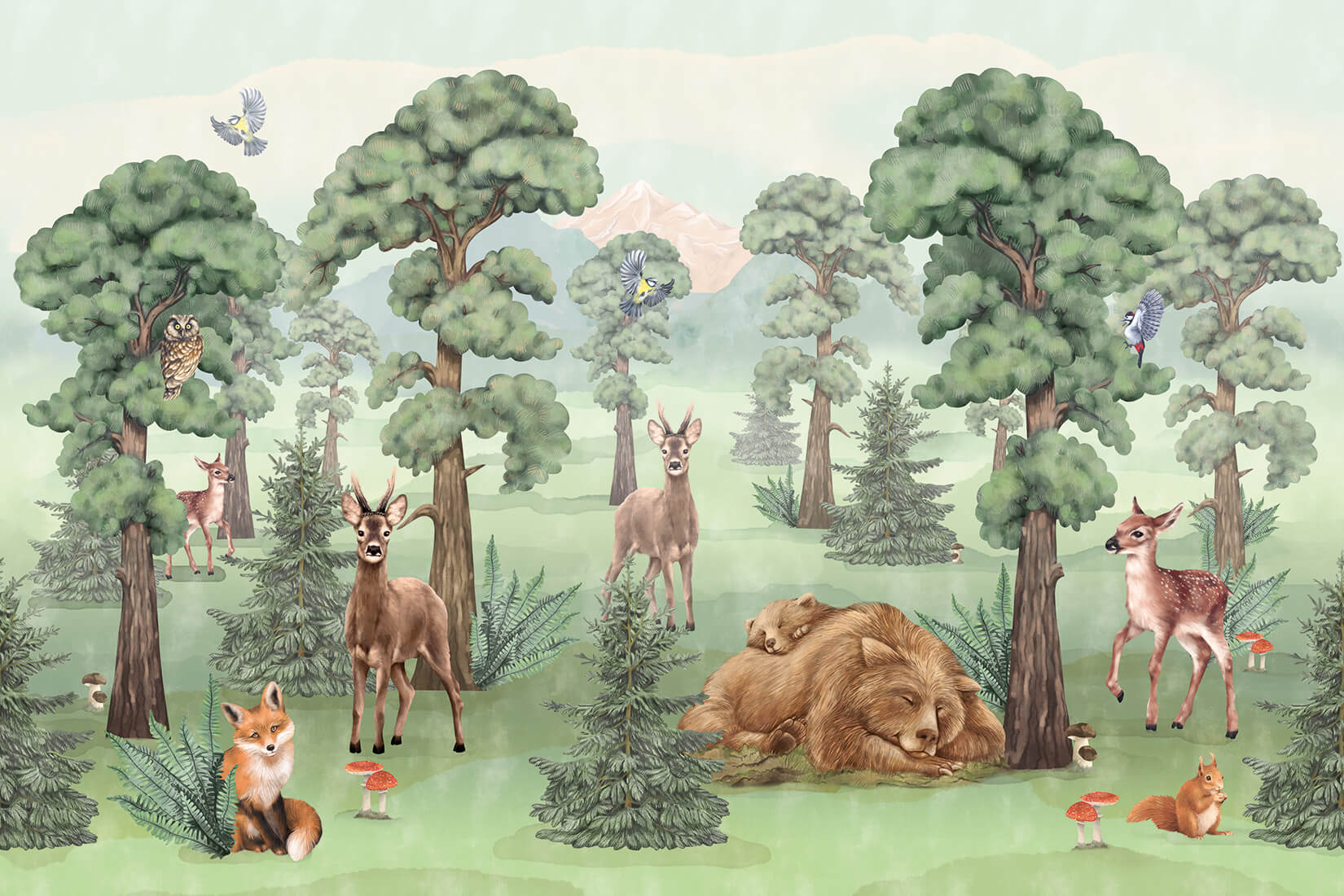 Papel de Parede FLORESTA Ilustração de floresta com veados, urso, raposa, esquilo, corujas, borboletas e cogumelos.