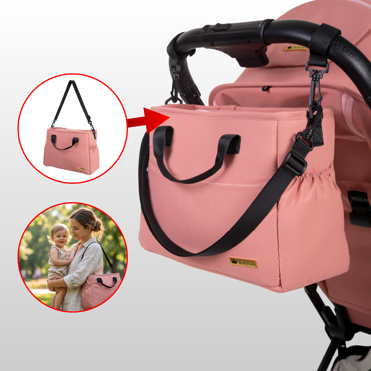 Carrinho de Bebé GIAU Rosa Salmão Mala de bebé cor-de-rosa presa a carrinho com tiras pretas e etiqueta BabyLux