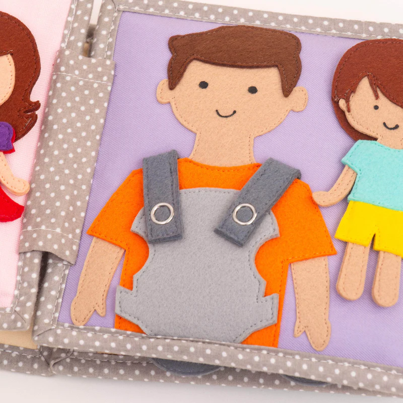 Bebé Feliz – MINI Livro Sensorial de 6 Páginas Livro infantil de tecido com três bonecos de feltro coloridos