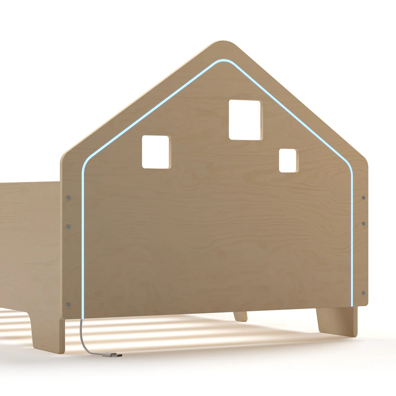 Cama Extensível em Forma de Casa com Iluminação LED Cabeceira de cama infantil em madeira clara com recortes e luz LED azul