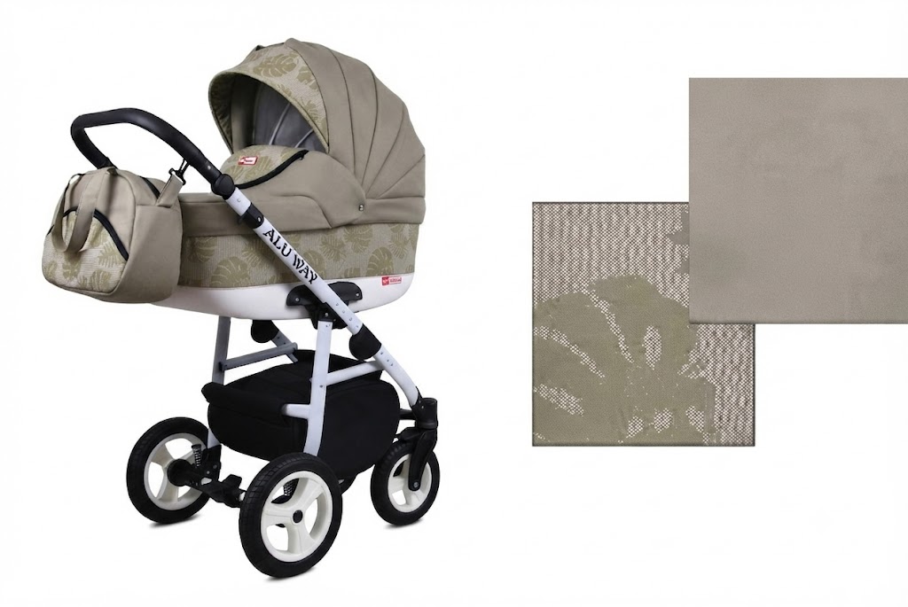 Carrinho de Bebé 2 em 1 com Alcofa Alu Way – Caqui Carrinho de bebé bege com padrão floral e estrutura branca e preta