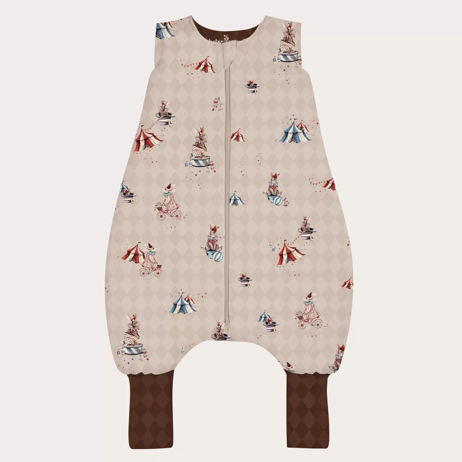 Saco de Dormir com Pernas - Circo Saco de dormir para bebé bege com padrão e ilustrações de coelhos e tendas de circo