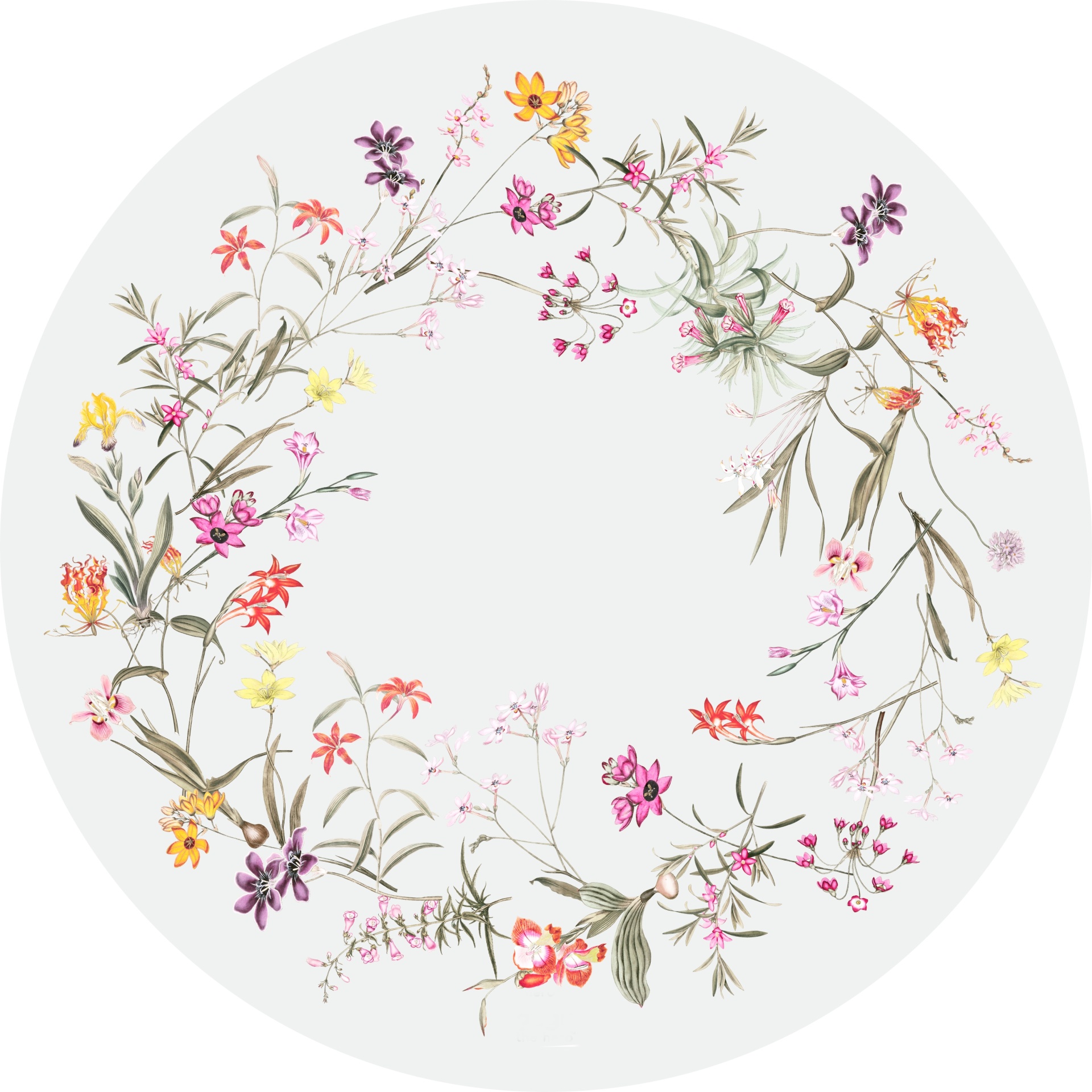 Tapete Redondo ECO de Bebé Jardim de Flores Círculo decorativo com padrão floral colorido e fundo branco