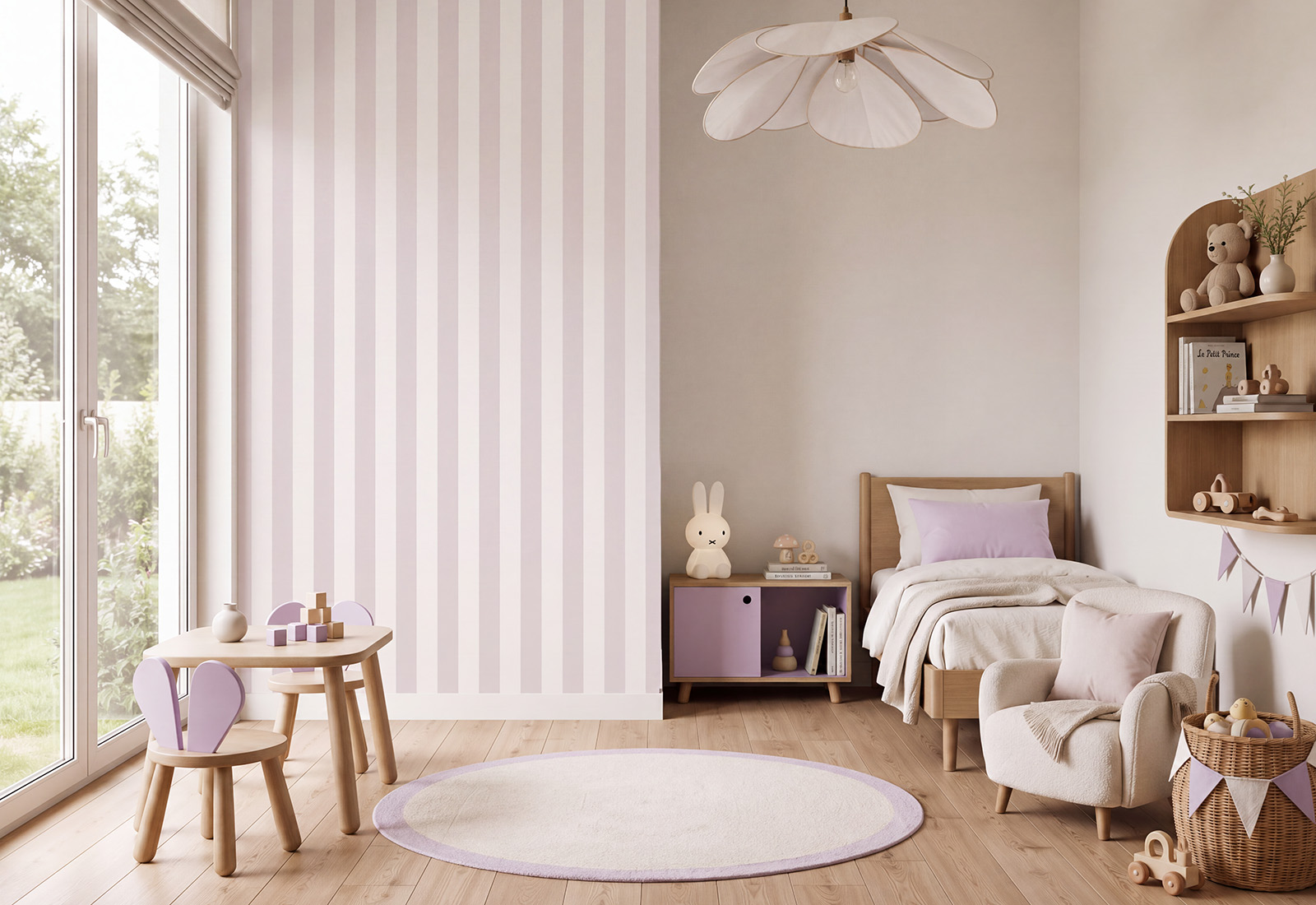 Papel de Parede Infantil às Listas Finas quarto infantil claro com móveis de madeira, decoração lilás e branca e candeeiro em forma de flor