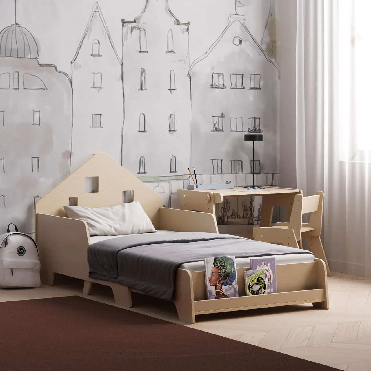 Cama Extensível em Forma de Casa com Iluminação LED Quarto infantil com cama de madeira clara e secretária