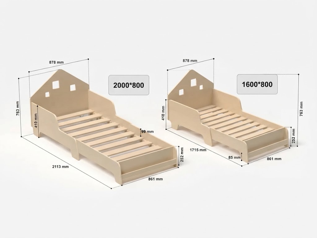 Cama Infantil Extensível com Cabeceira Casinha e Luz LED Camas de criança em madeira clara com cabeceira em forma de casa e medidas indicadas