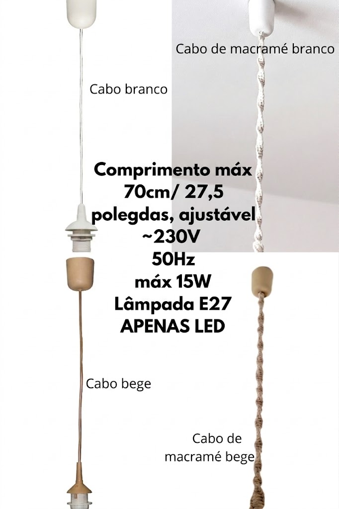 Candeeiro de Teto Flor em Rosa Candeeiros pendentes com cabos branco, bege, e macramé, com texto técnico ao centro