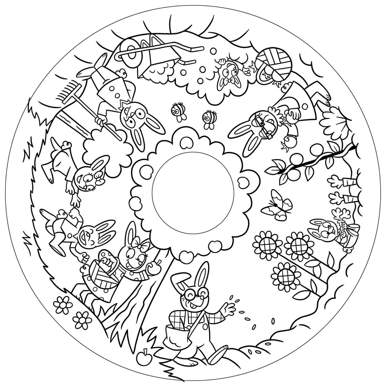 Recarga de Folhas para Colorir - Coelhinhos Desenho para colorir circular com coelhos e paisagem campestre