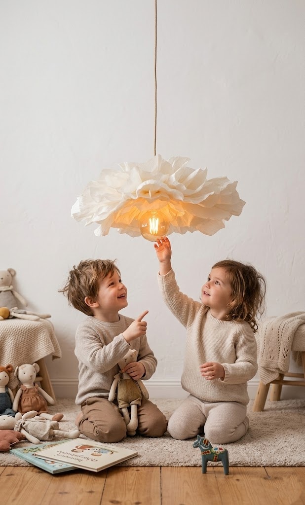 Candeeiro de Teto Flor em Bege Lâmpada pendente com cúpula branca em forma de flor e luz amarela num quarto infantil com crianças a brincar