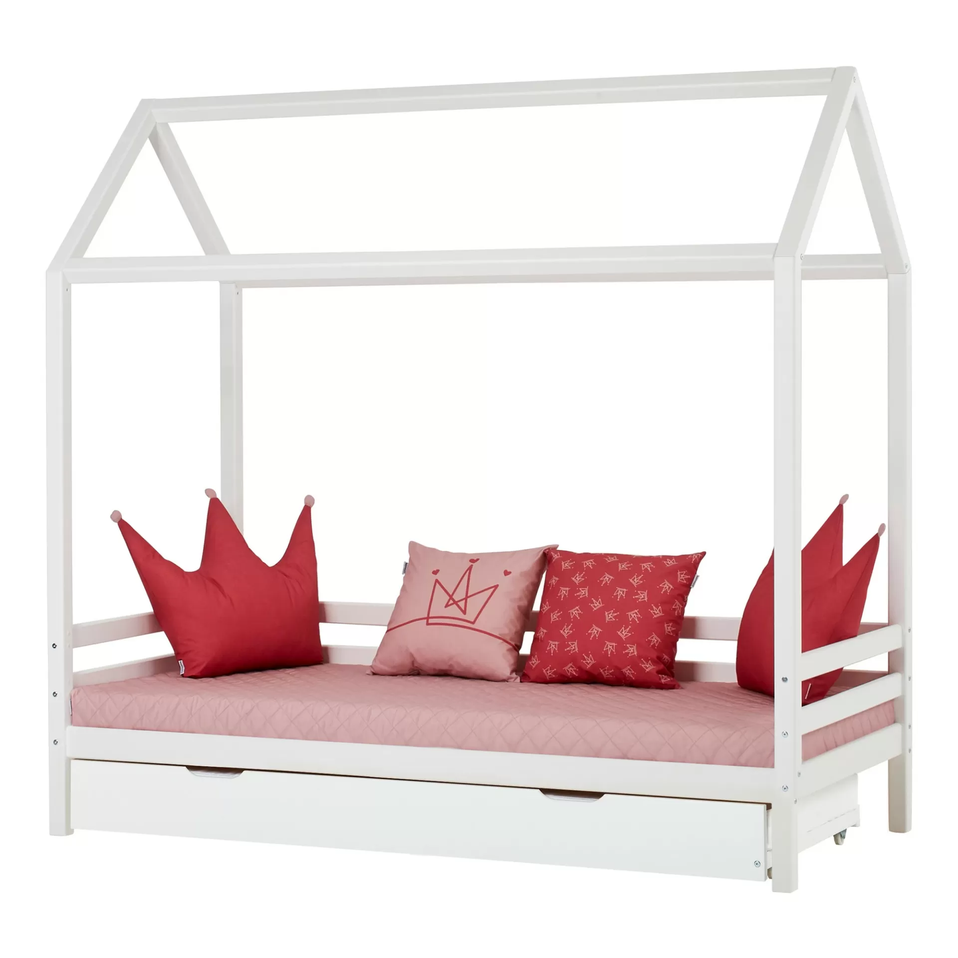 Almofadas Decoração Princesa Cama infantil branca em forma de casinha com colchão rosa e almofadas decorativas vermelhas e rosa