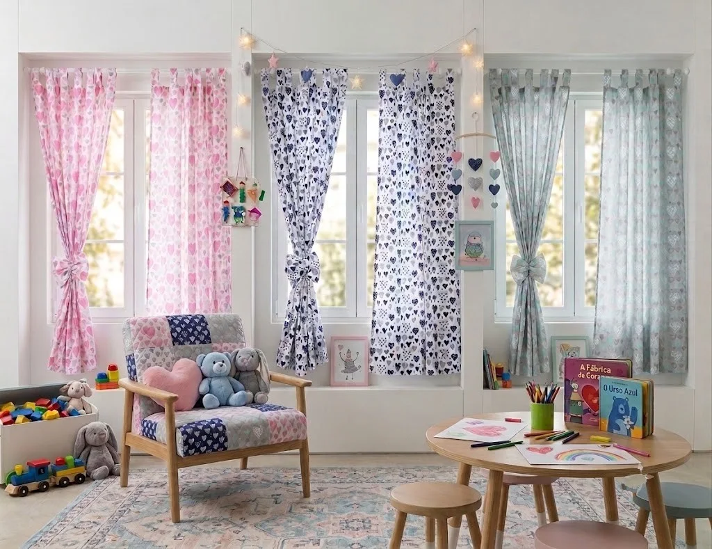 Cortinados Infantis Corações Quarto infantil com cortinas coloridas e móveis de madeira em ambiente iluminado