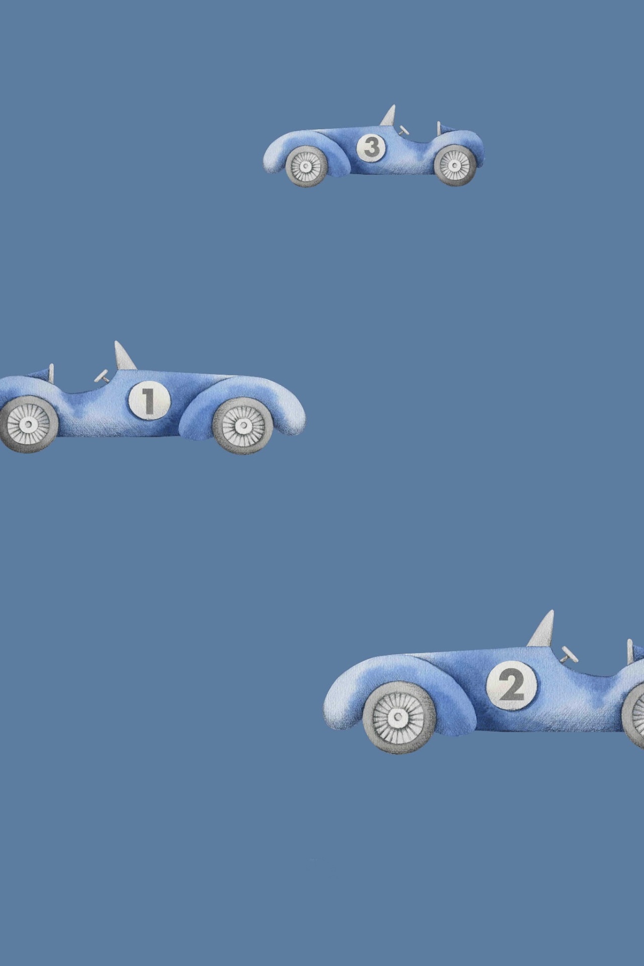 Tapete Educativo ECO Carros de Corrida PRIME Três carros de corrida azuis ilustrados, numerados 1, 2 e 3, em fundo azul.