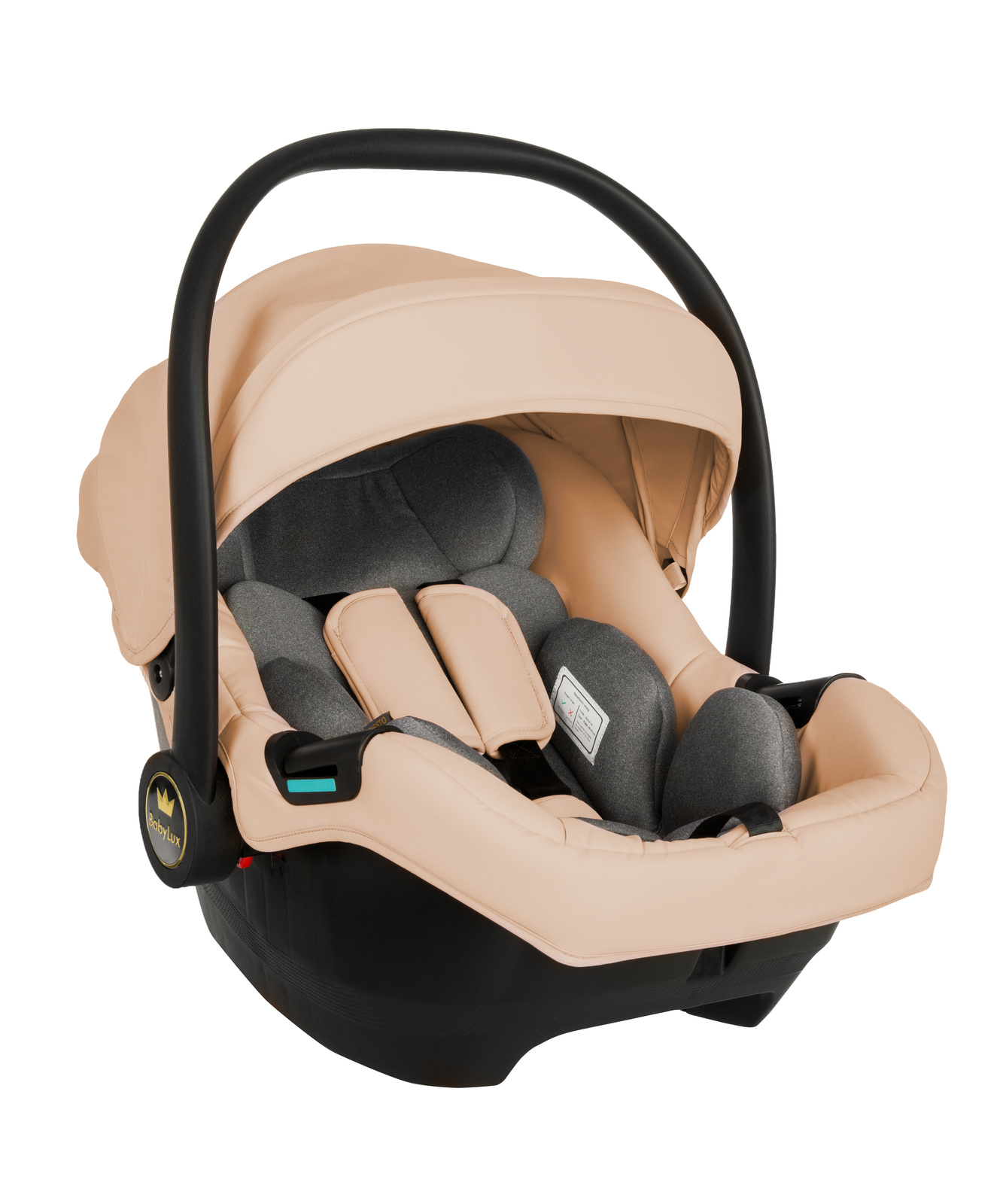 Cadeiras Tiesto R129 ISOFIX Cadeira auto para bebé bege e cinza com alça preta e cinto acolchoado.