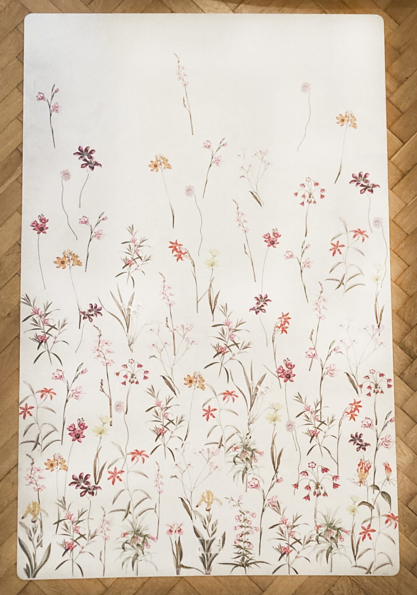 Tapete Grande ECO Jardim de Flores Tapete branco com padrão floral delicado em várias cores sobre chão de madeira parquet.