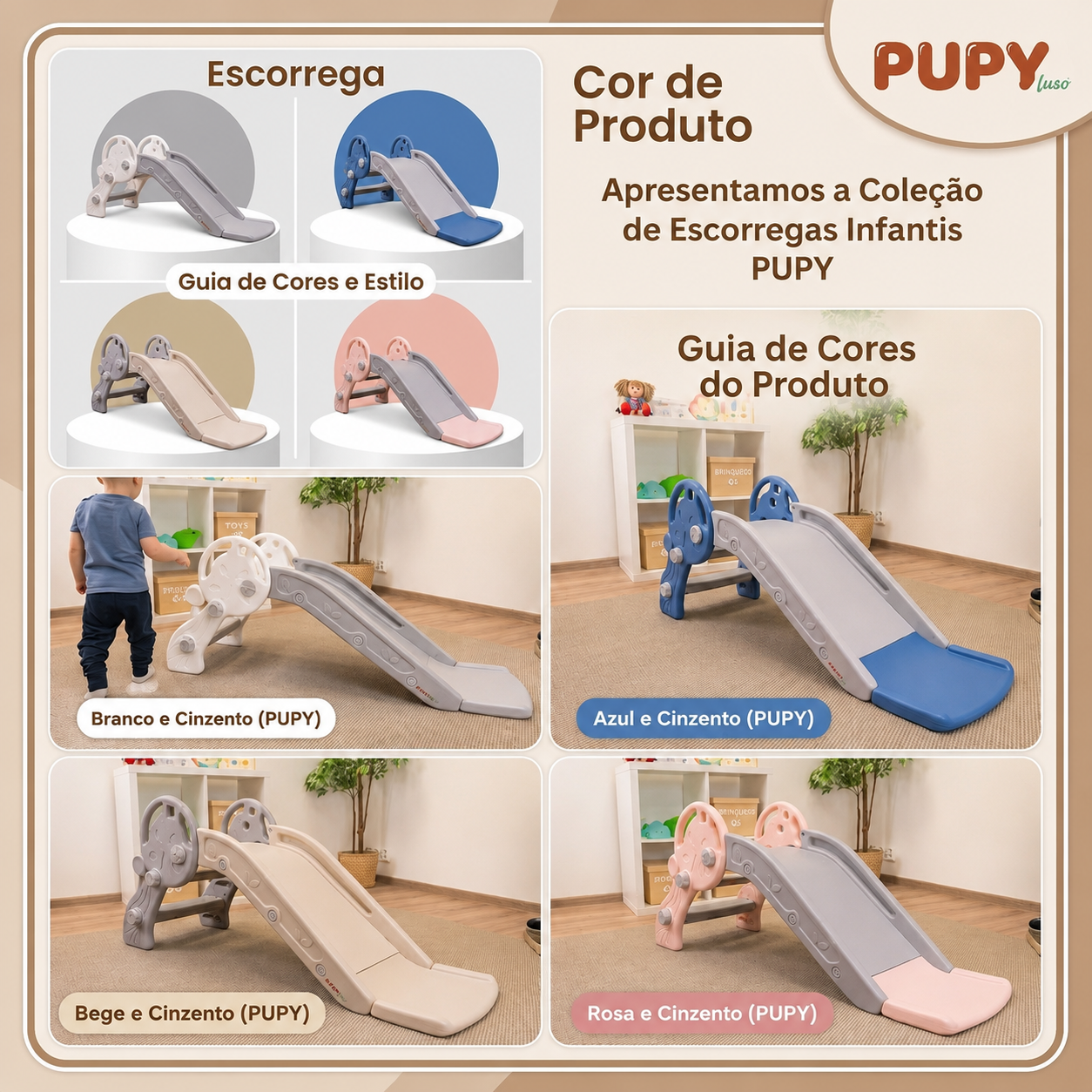 Escorrega Infantil PUPY Para Interior e Exterior Quatro escorregas infantis PUPY em várias cores e ambiente interior com estante e plantas.
