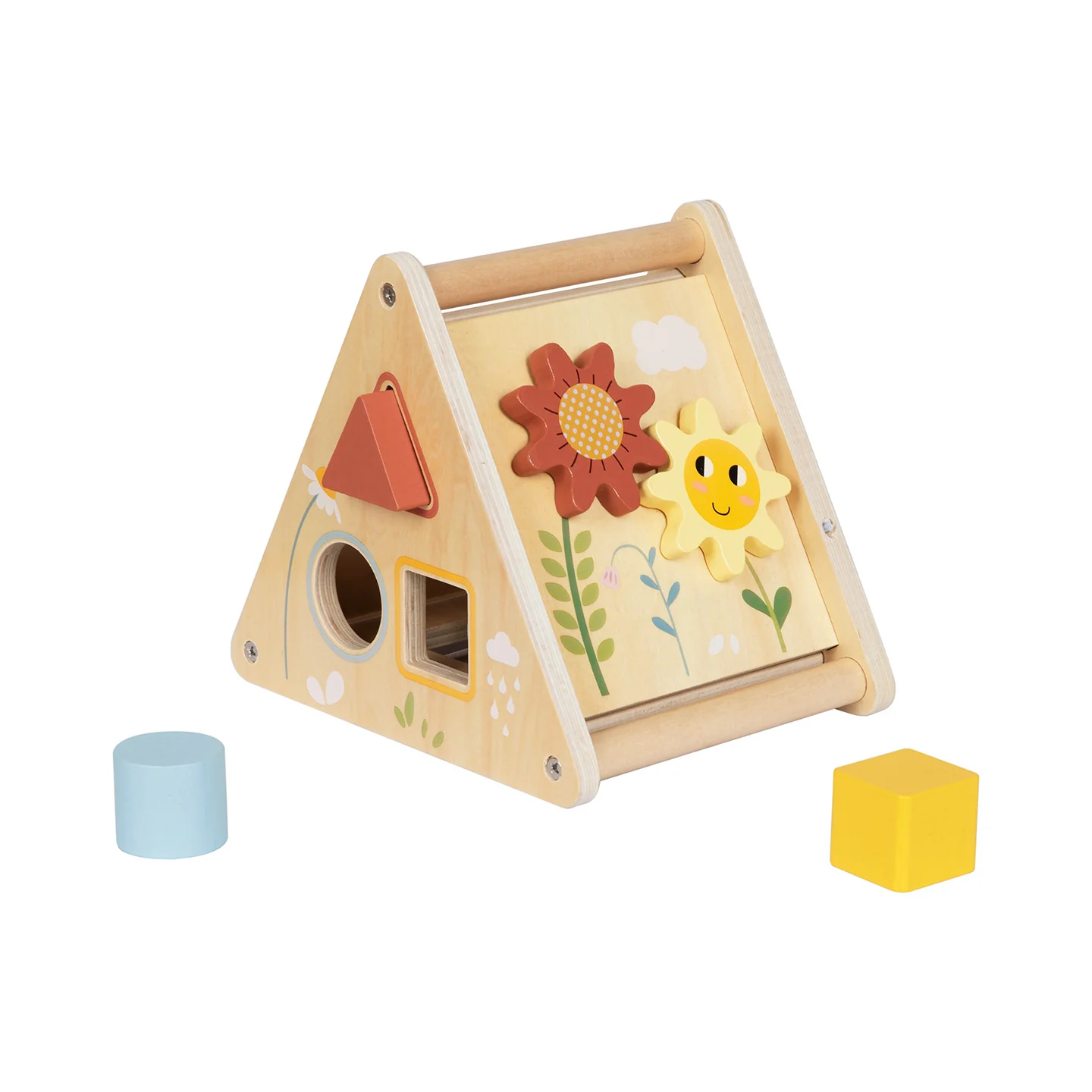Caixa de Brinquedos Educativos Montessori 18–24 Meses em Madeira Brinquedo infantil triangular de madeira com peças geométricas e desenhos de flores