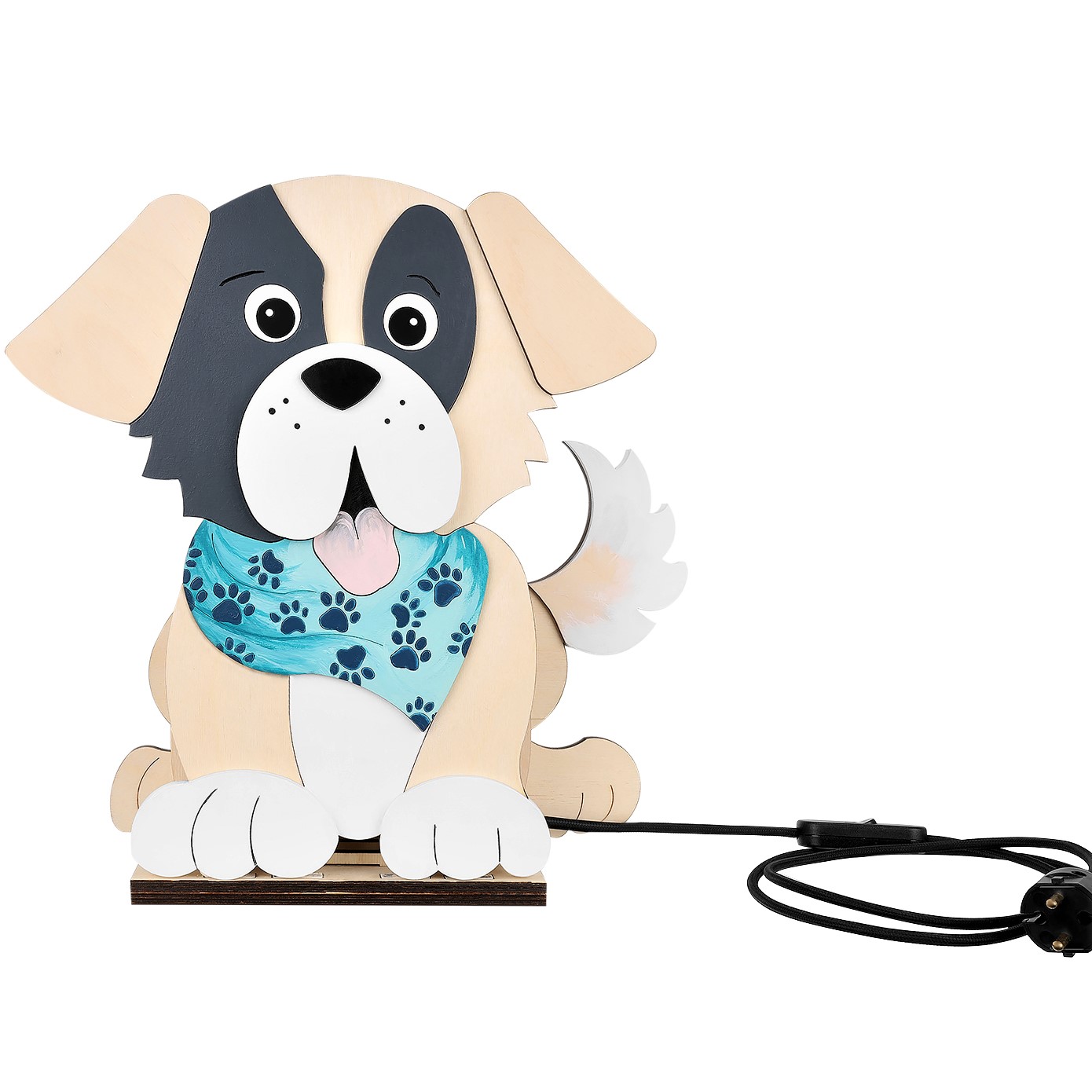 Candeeiro Cão de Madeira Controlado por SMARTPHONE Lâmpada decorativa cão bege e preta com lenço azul e cabo elétrico