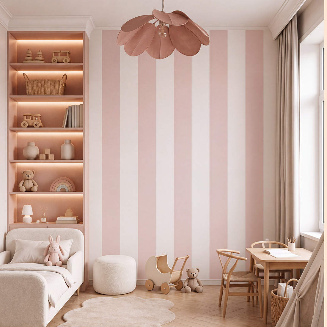 Papel de Parede Infantil às Listas Largas Quarto infantil com decoração rosa e branca e móveis de madeira clara