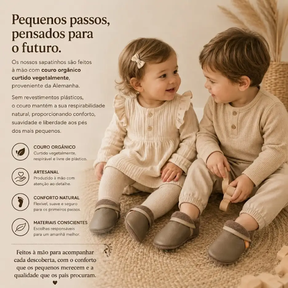 Sapatinho Infantil Clássico Bege Crianças com sapatinhos de couro orgânico castanhos sentadas num tapete bege