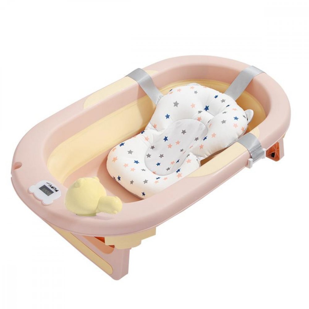 Banheira Dobrável de Silicone para Bebé - Kit 7 Peças Banheira de bebé rosa com almofada estampada de estrelas e termómetro em forma de urso