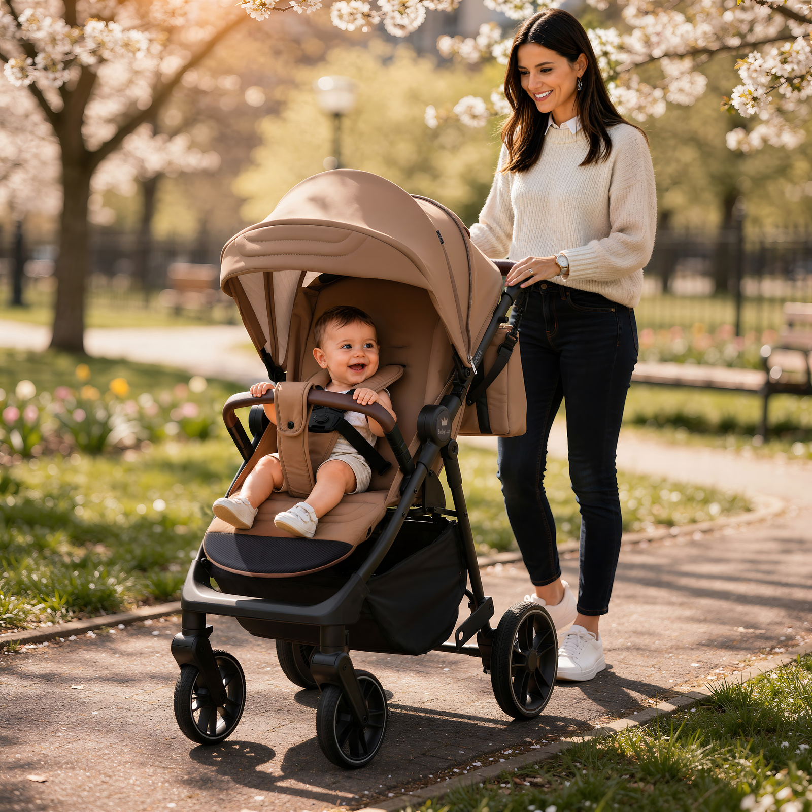 Carrinho de Bebé Rolle Latte Carrinho de bebé bege com bebê sentado e mulher no parque com árvores floridas