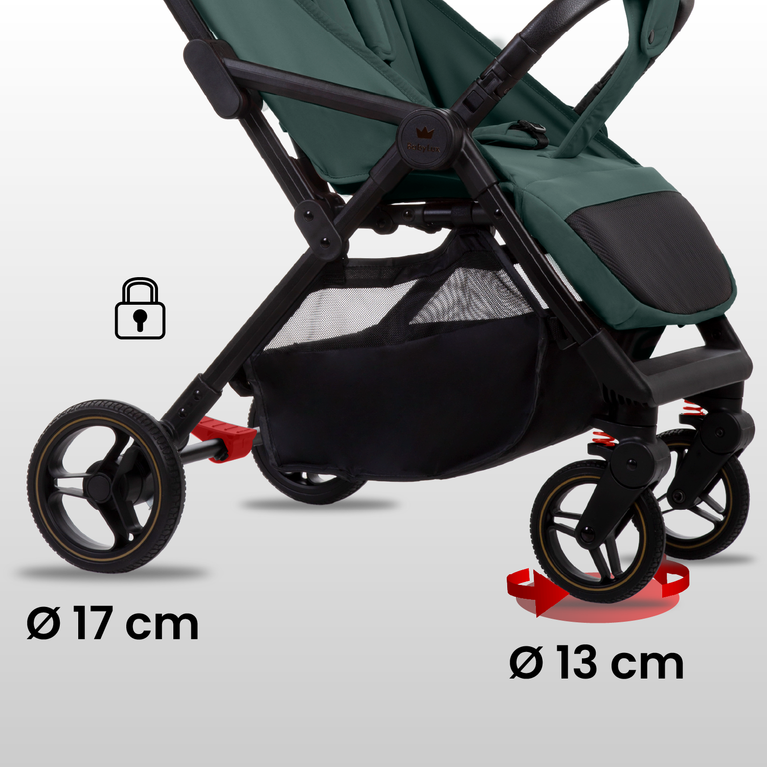 Carrinho de Bebé GIAU Verde Garrafa Carrinho de bebé BabyLux verde e preto com rodas e cesta inferior