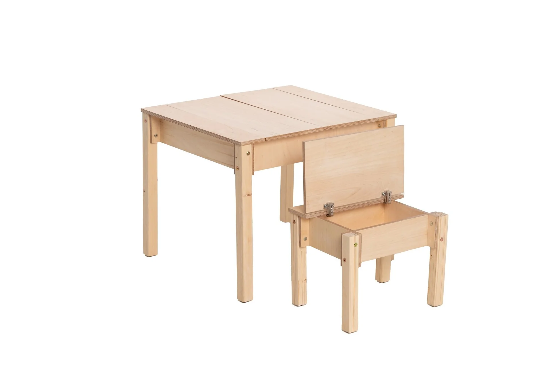 Conjunto de Mesa e Cadeira Infantil com Arrumação Mesa e cadeira de criança em madeira clara com superfície lisa e tampa da cadeira aberta