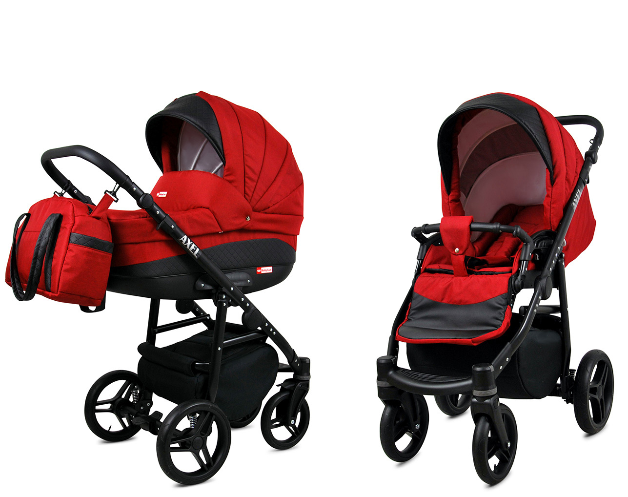 Carrinho de Bebé Axel 2 em 1 Carrinho de bebé vermelho e preto em duas configurações diferentes sobre fundo branco