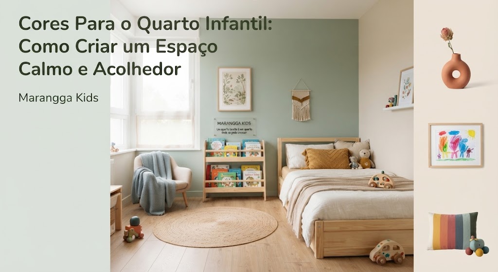 Quarto infantil decorado com cama de madeira, almofadas, cadeira com manta, tapete redondo, brinquedos e estante de livros