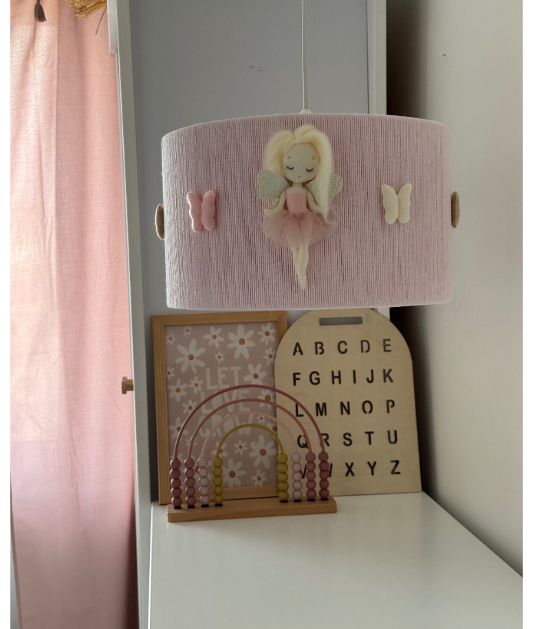 Candeeiro de Teto FADA Rosa Abajur rosa com fada e borboletas, brinquedo de contas e quadro com alfabeto