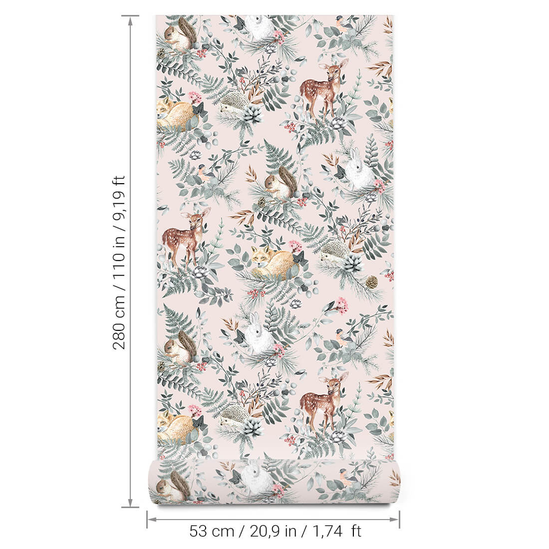 Papel de Parede Floresta ROSA Rolo de papel de parede com padrão de animais e folhas sobre fundo rosa claro