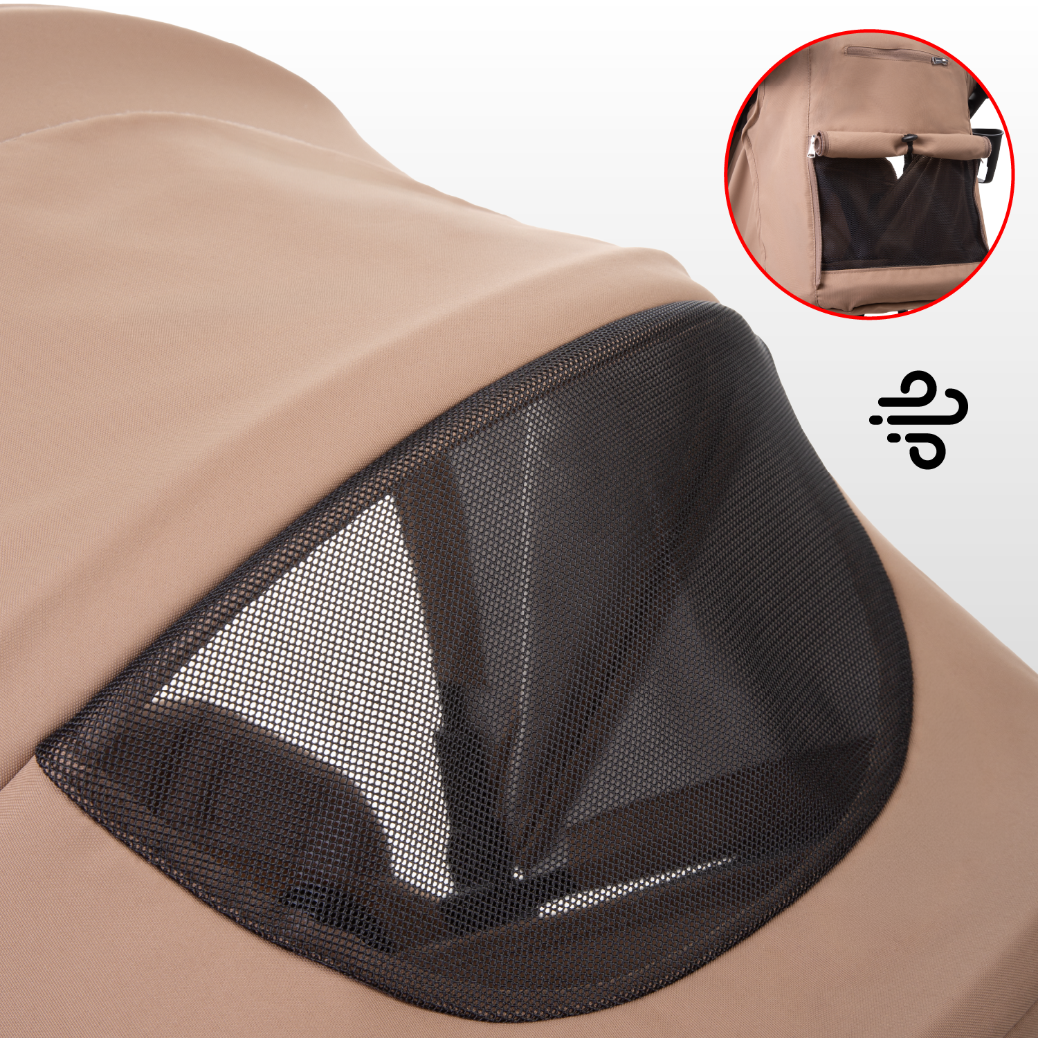 Carrinho de Bebé Rolle Latte Cobertura bege com rede preta para ventilação, bolso com fecho e alavanca preta.