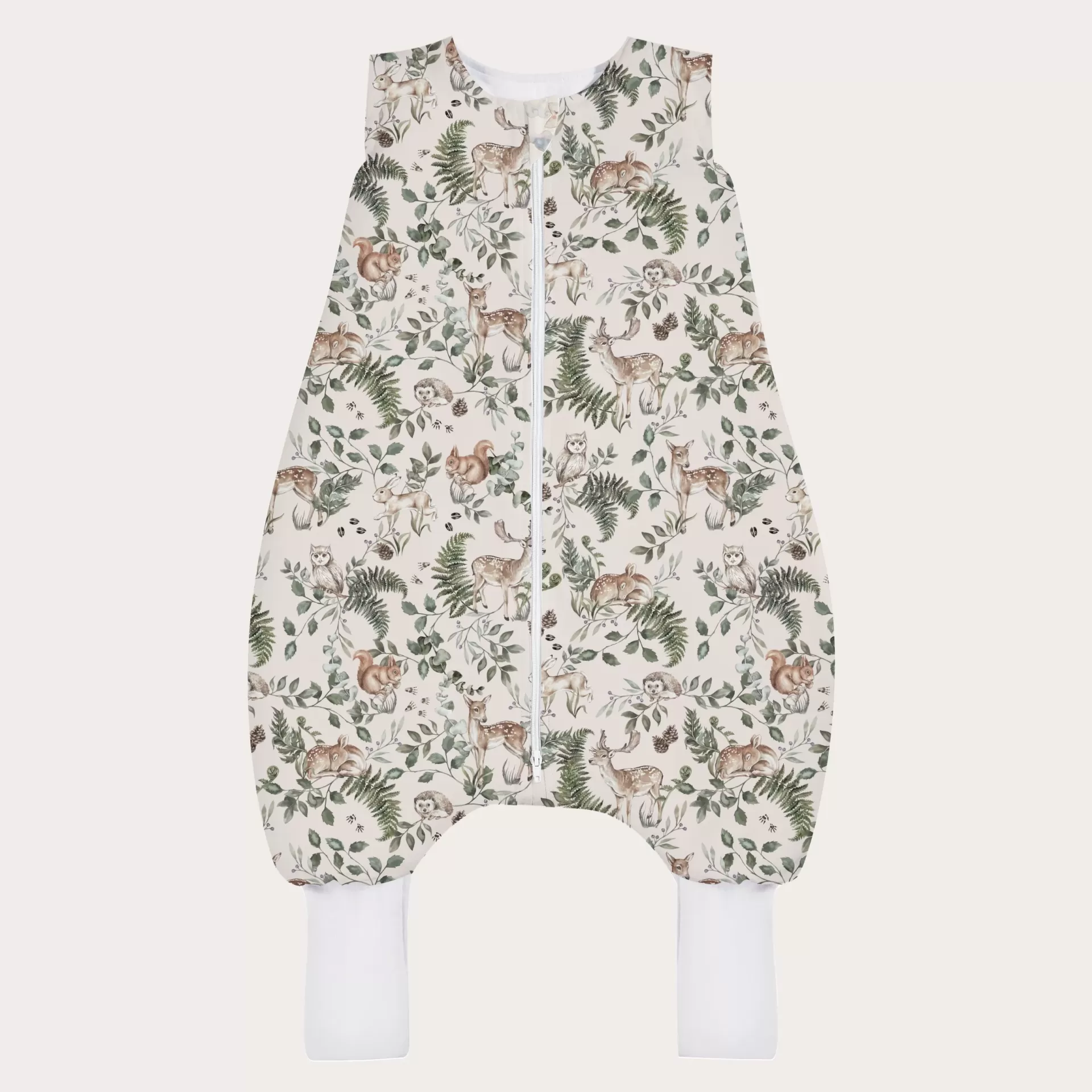 Saco de Dormir com Pernas - Animais da Floresta Macacão de bebé estampado com animais da floresta e fecho frontal branco