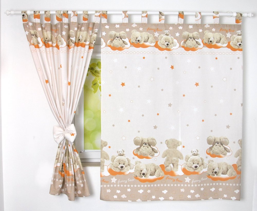 Cortinados Infantis Ursinhos de Peluche Cortinados para quarto infantil com padrão de ursinhos e estrelas em tons castanhos, laranja e branco