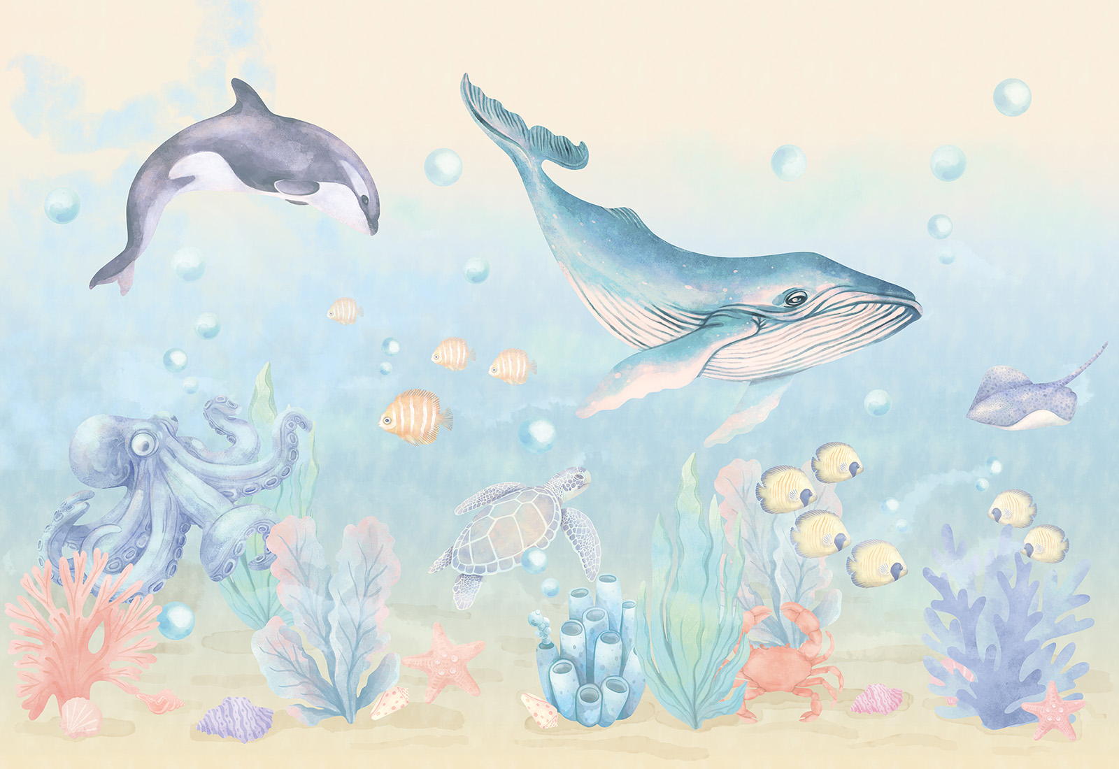 Papel de Parede Infantil Oceano Ilustração subaquática com vários animais marinhos e corais em tons pastel.