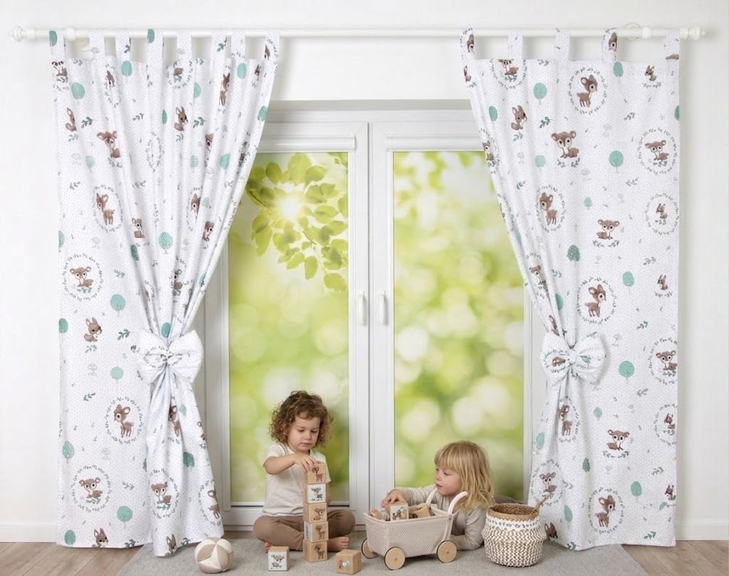 Cortinados Infantis Veadinho da Floresta Cortinas infantis brancas com padrões de animais e balões, com laços, em ambiente com crianças a brincar
