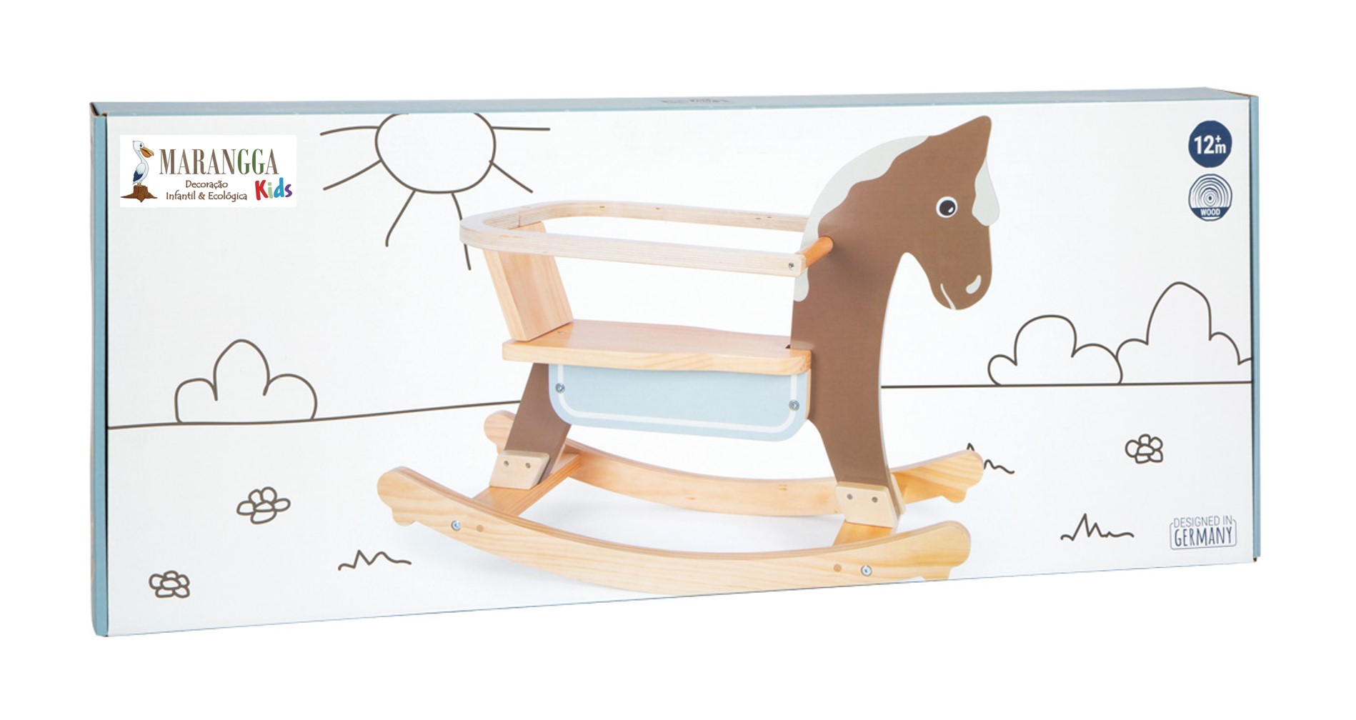CAVALO de Balanço com Anel de Assento Cavalo de balanço em madeira com assento azul claro em caixa branca decorada