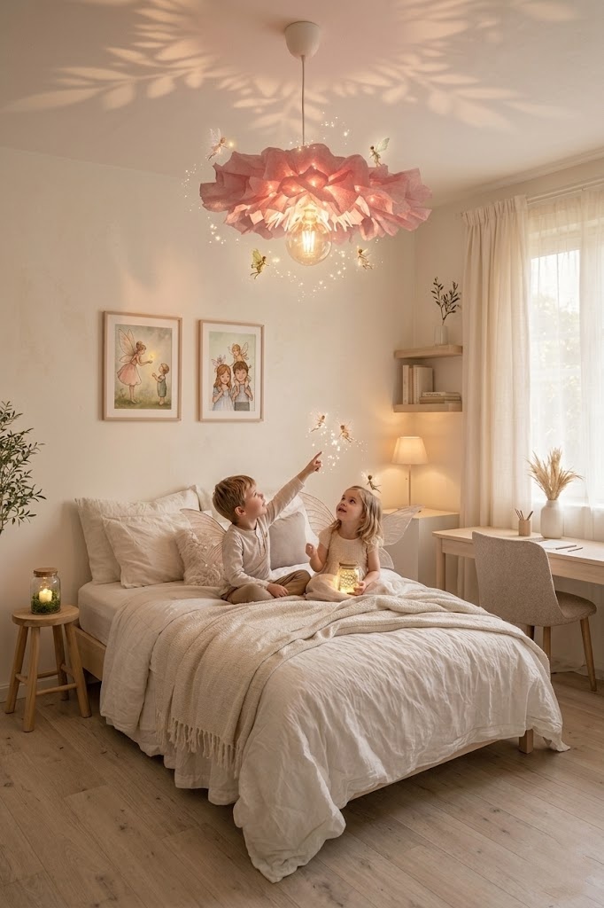 Candeeiro de Teto Flor em Rosa Quarto infantil com candeeiro rosa de teto e duas crianças sentadas na cama com asas de fada