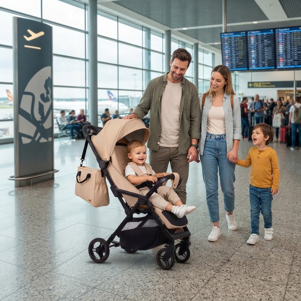 Carrinho de Bebé GIAU Bege Carrinho de bebé bege com família num aeroporto moderno