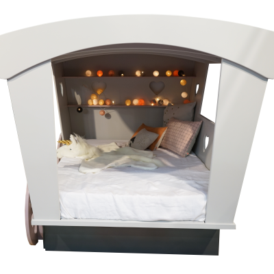 Cama infantil em forma de carruagem branca com decoração e almofadas