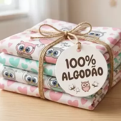 tecidos coloridos 100% algodão com estampado de corujas e corações