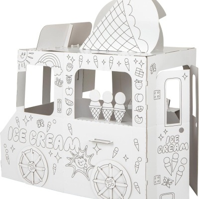 Carrinha de gelados de cartão branco com desenhos a preto para colorir