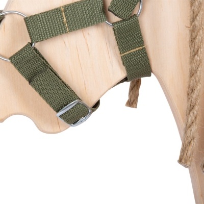 Arnês verde de tecido sobre madeira clara com ramo seco