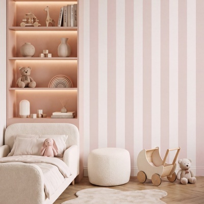 Quarto infantil decorado com cama branca, peluches, pufe branco e estantes com brinquedos e decoração