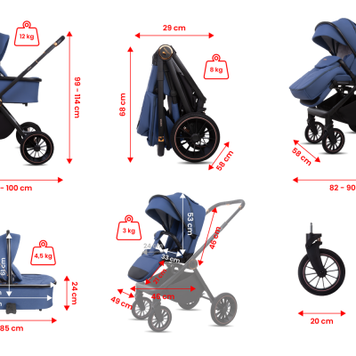 Carrinho de bebé azul escuro com estrutura preta e rodas grandes pretas em várias configurações