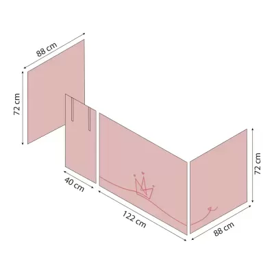 Conjunto de painéis cor de rosa com desenho de coroa e medidas em centímetros.